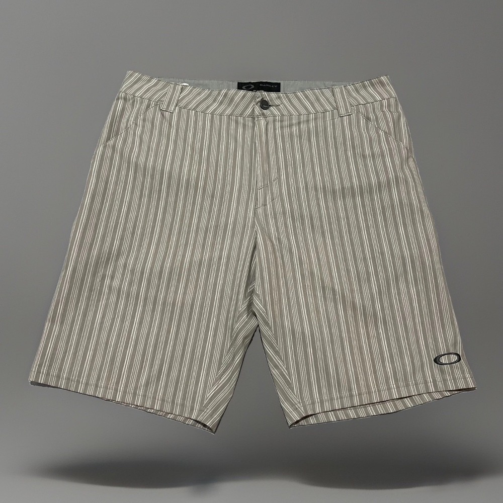Oakley Mens Beige Striped Flat Front Classic Performance Golf Shorts Size 34x10